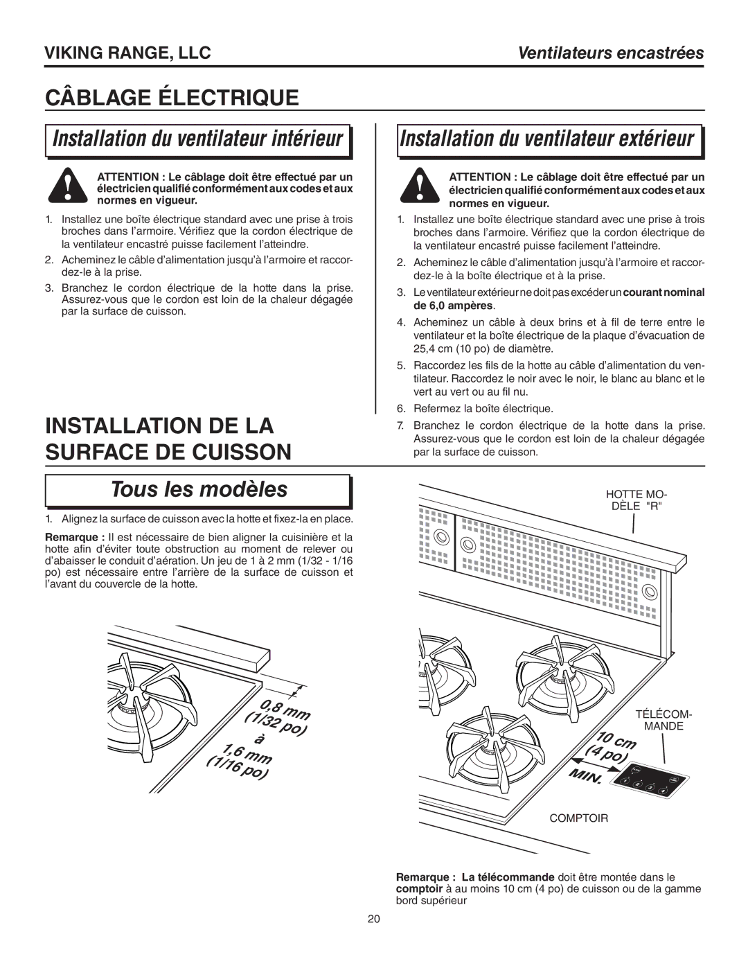 Viking CRVDD330R, CRVDD336R, CRVDD345R warranty Câblage Électrique, Installation DE LA, Surface DE Cuisson 