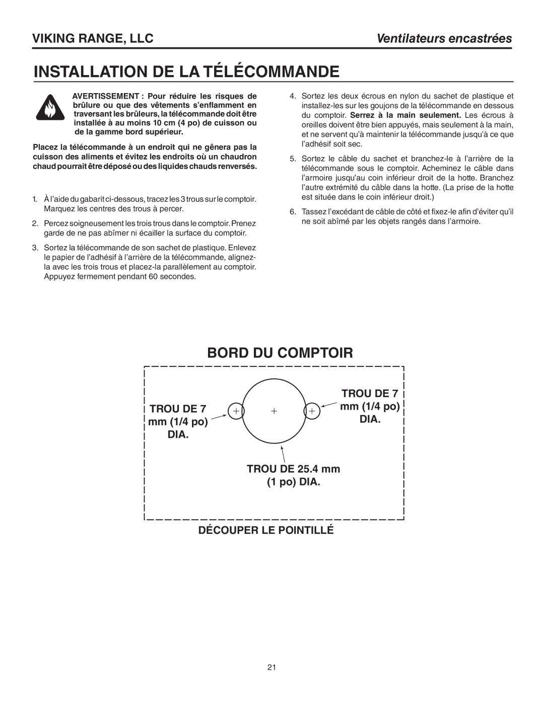 Viking CRVDD330R, CRVDD336R, CRVDD345R warranty Installation DE LA Télécommande, Bord DU Comptoir 