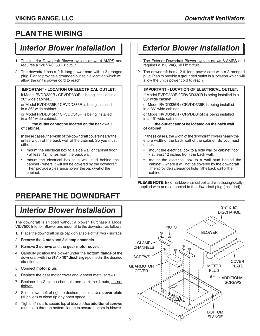 Viking CRVDD345R, CRVDD330R, CRVDD336R warranty Plan the Wiring, Interior Blower Installation, Prepare the Downdraft 