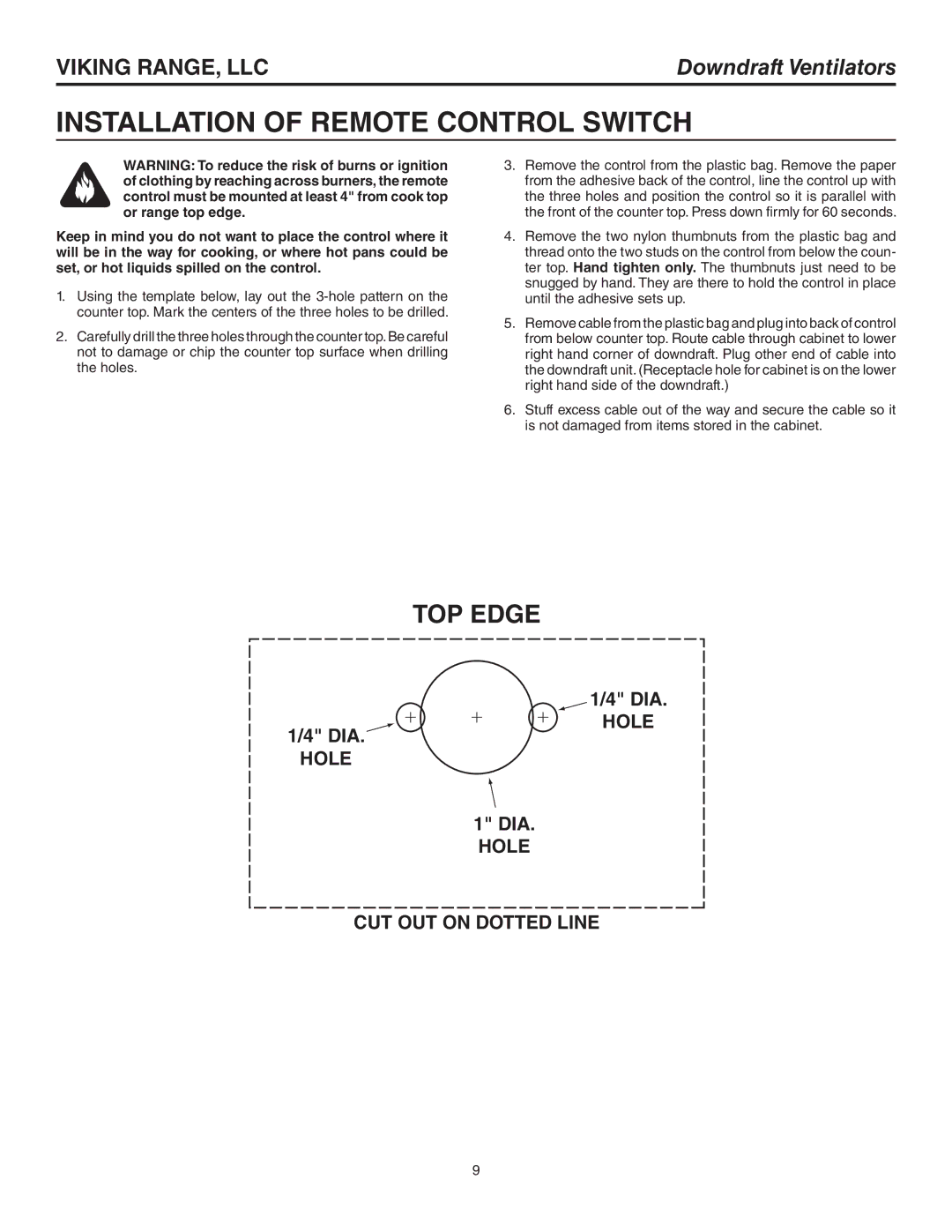 Viking CRVDD330R, CRVDD336R, CRVDD345R warranty Installation of Remote Control Switch 