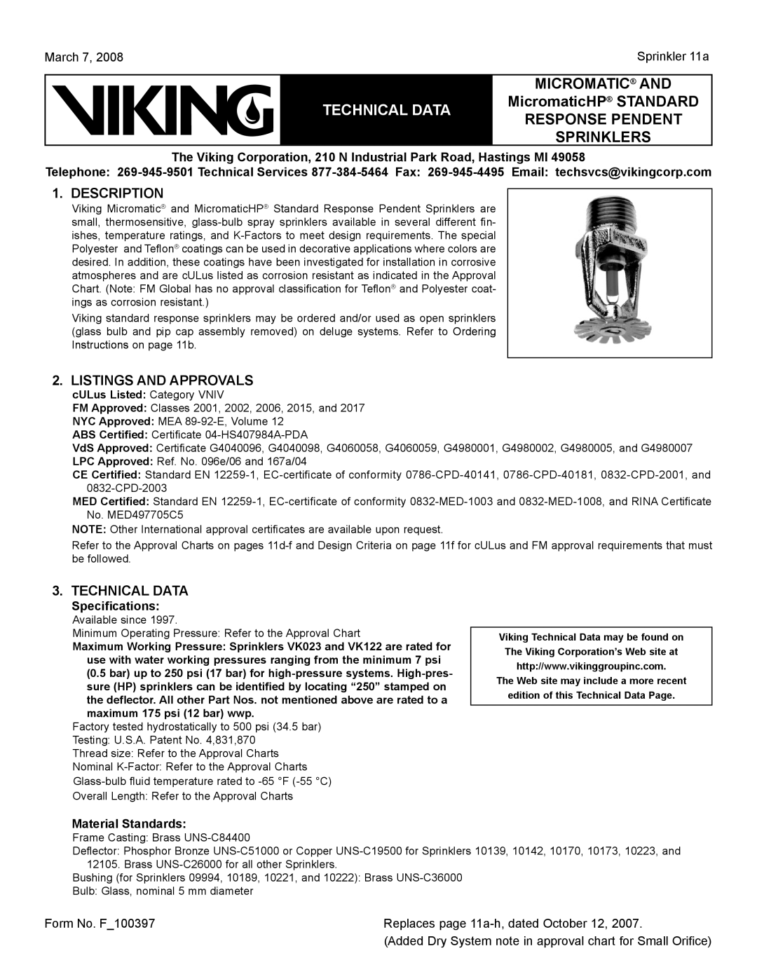 Viking Sprinkler 11a specifications Description, Listings and Approvals, Technical Data, Speciﬁcations, Material Standards 