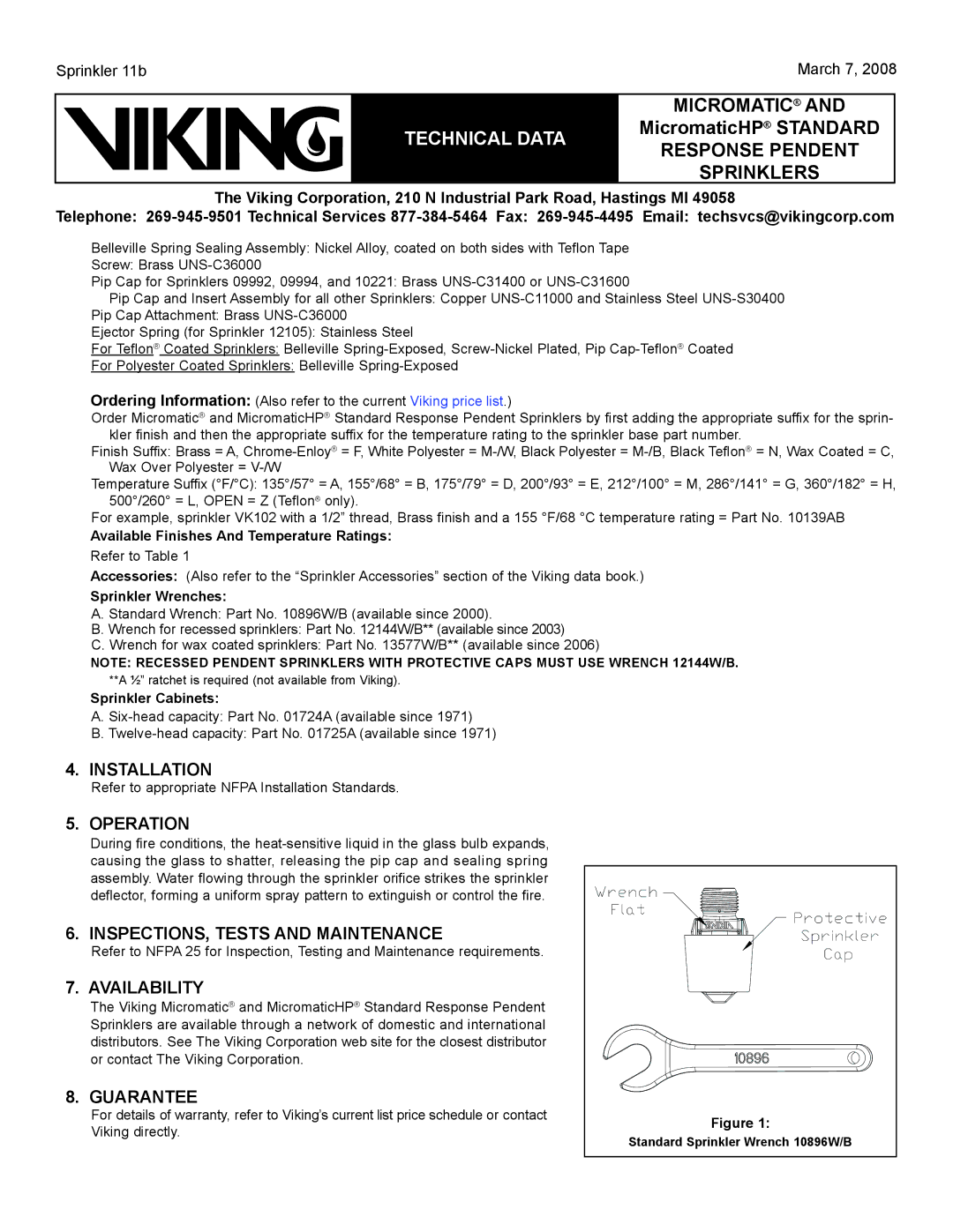 Viking Sprinkler 11a specifications Installation, Operation, INSPECTIONS, Tests and Maintenance, Availability, Guarantee 