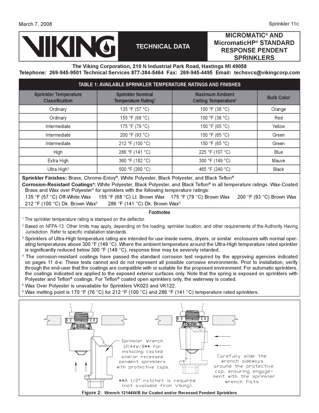 Viking Sprinkler 11a specifications Footnotes, Classification 