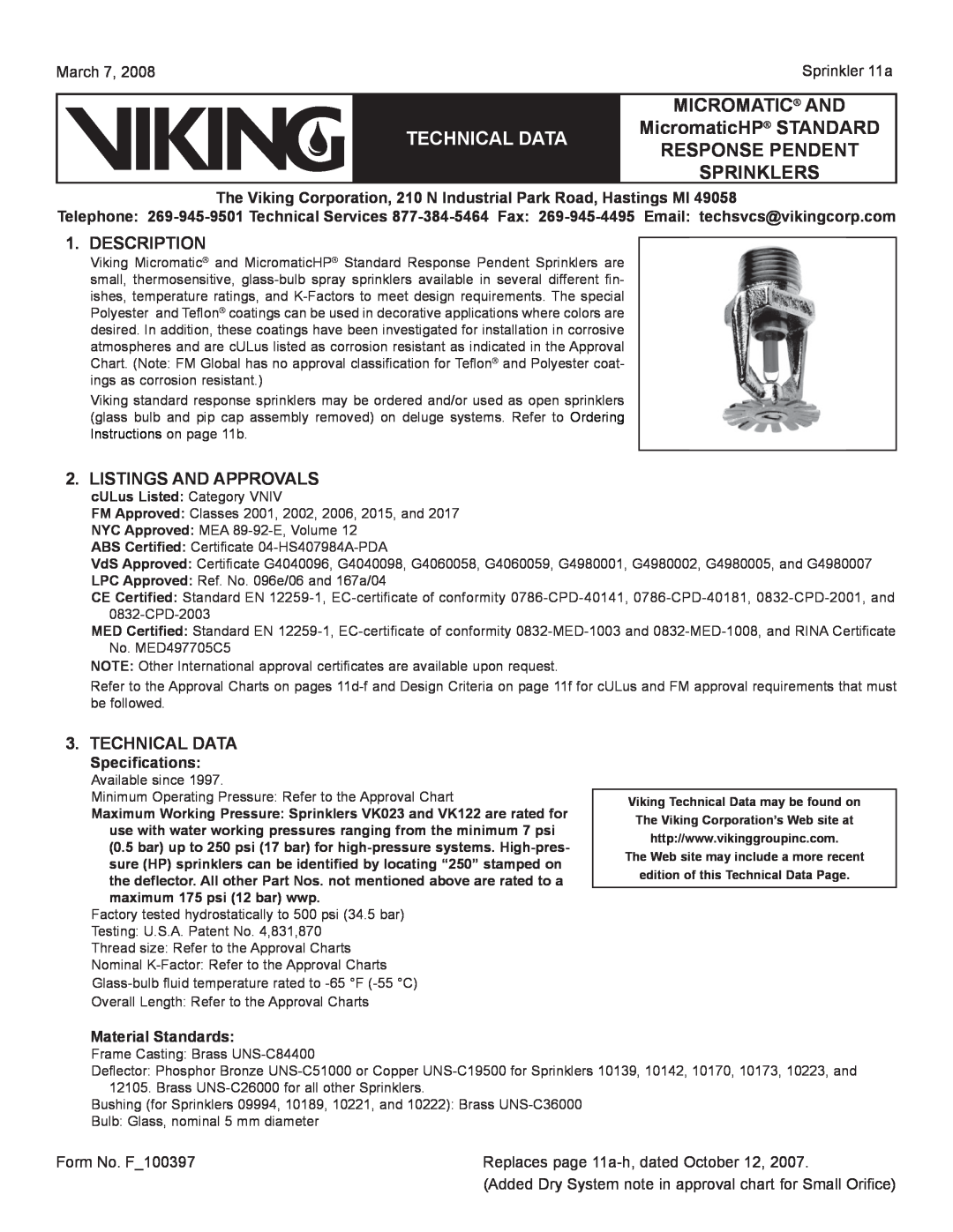 Viking Sprinkler 11a specifications MICROMATIC AND TECHNICAL DATA MicromaticHP STANDARD RESPONSE PENDENT, Sprinklers 