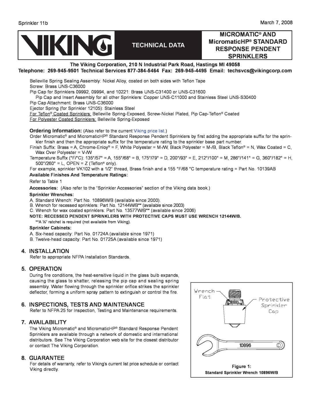 Viking Sprinkler 11a Installation, Operation, Inspections, Tests And Maintenance, Availability, Guarantee, Sprinkler 11b 
