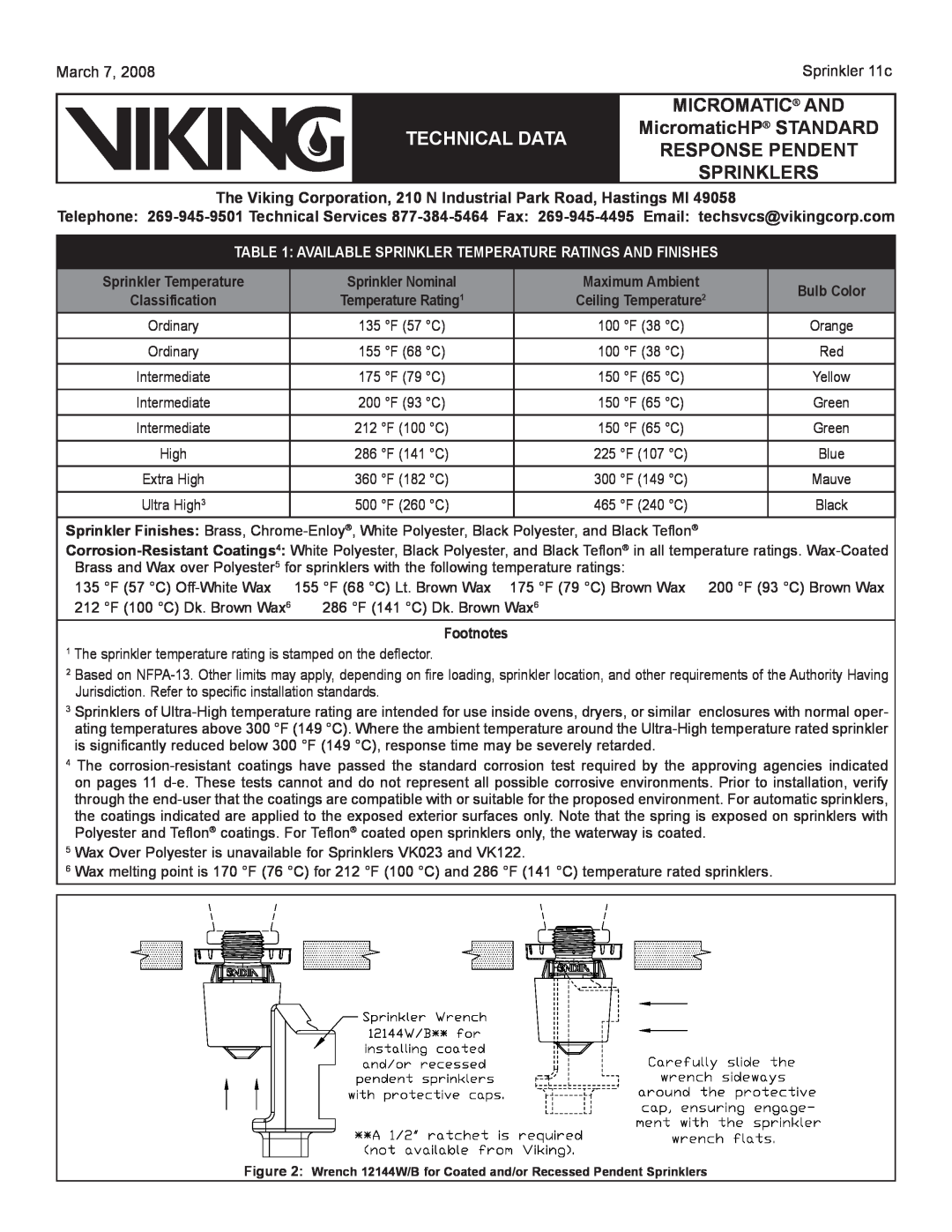 Viking Sprinkler 11a Sprinkler Temperature, Sprinkler Nominal, Maximum Ambient, Bulb Color, Footnotes, Sprinklers 
