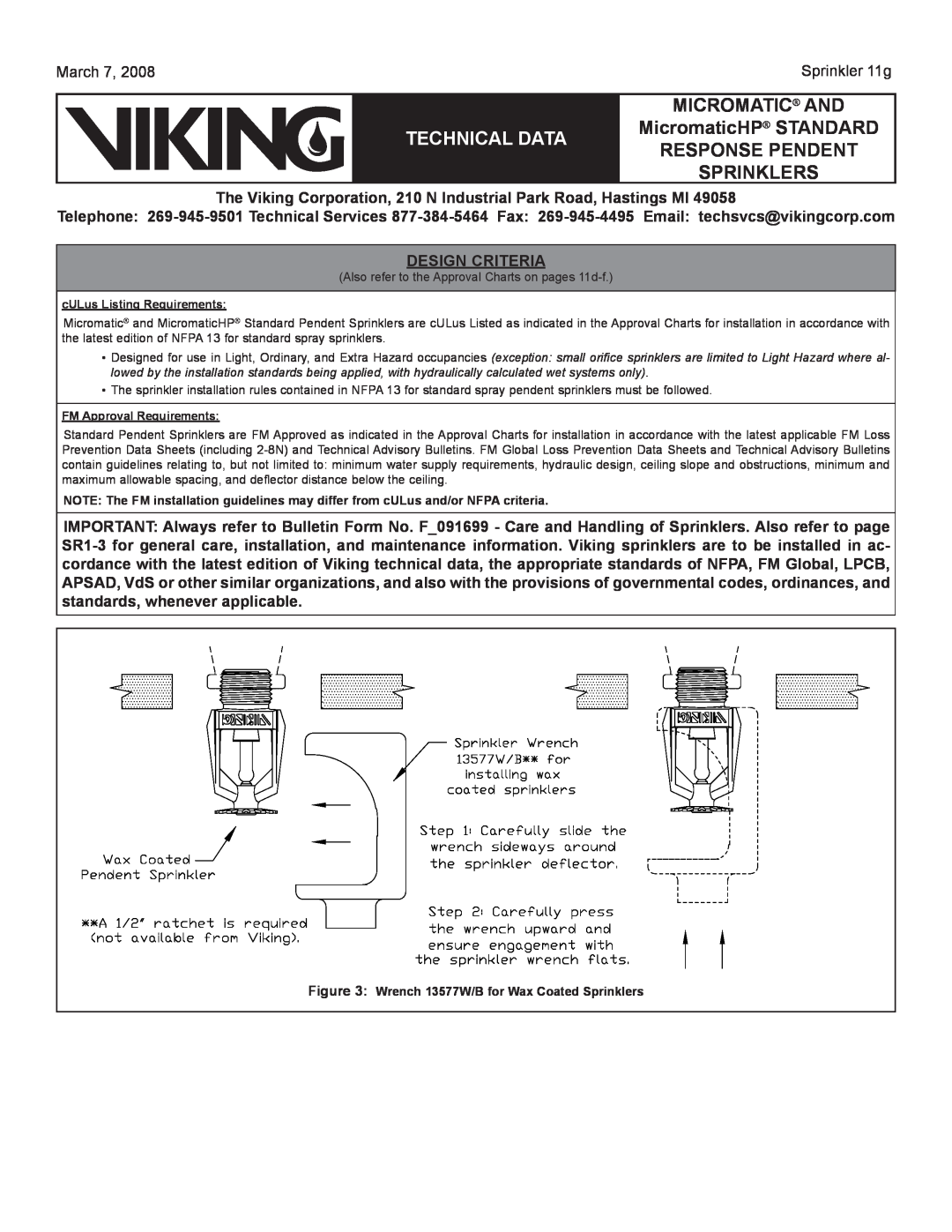 Viking Sprinkler 11a Design Criteria, MICROMATIC AND TECHNICAL DATA MicromaticHP STANDARD RESPONSE PENDENT, Sprinklers 