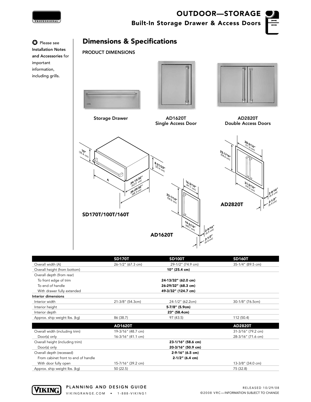 Viking Storage Drawer manual Dimensions & Specifications, SD170T/100T/160T AD1620T AD2820T 