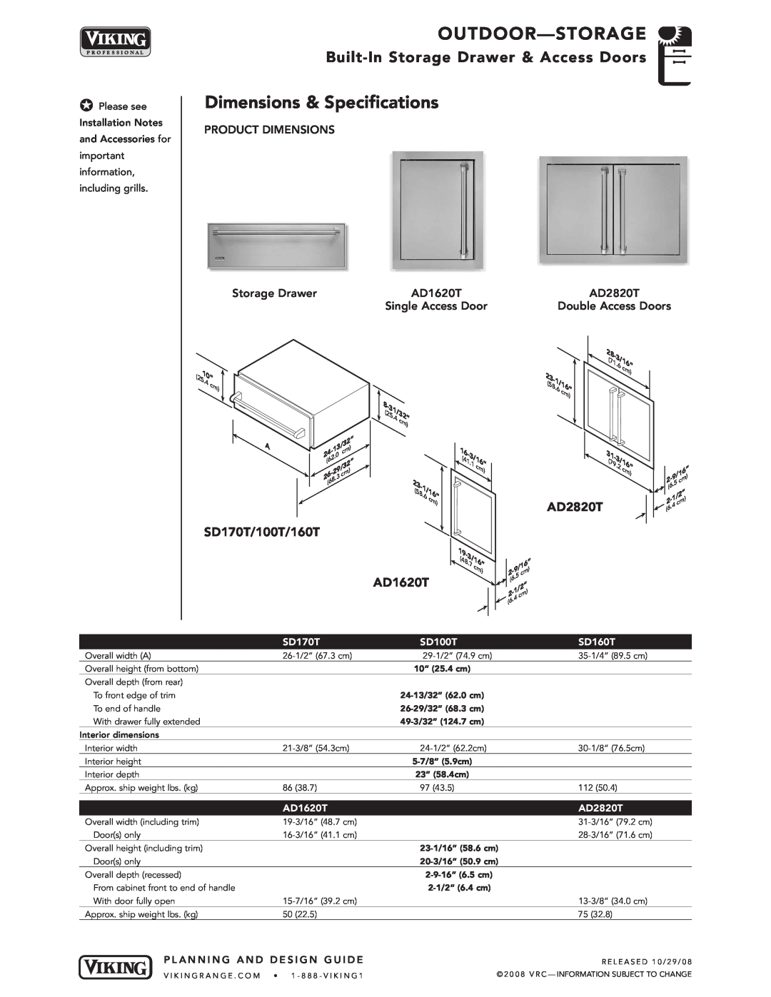 Viking Storage Drawer Dimensions & Specifications, SD170T/100T/160T, AD1620T, AD2820T, Product Dimensions, SD100T, SD160T 
