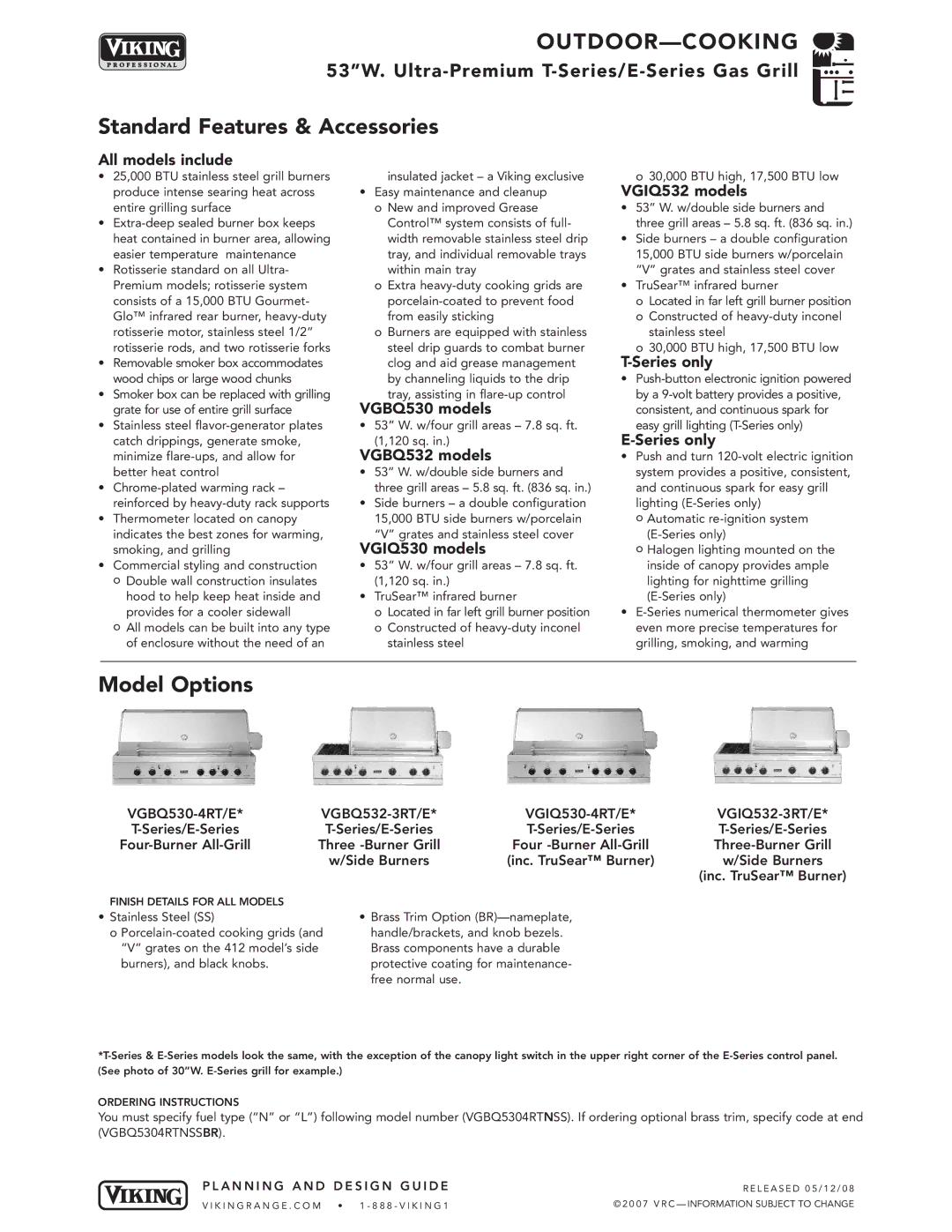 Viking E-Series, T-Series manual Standard Features & Accessories, Model Options 