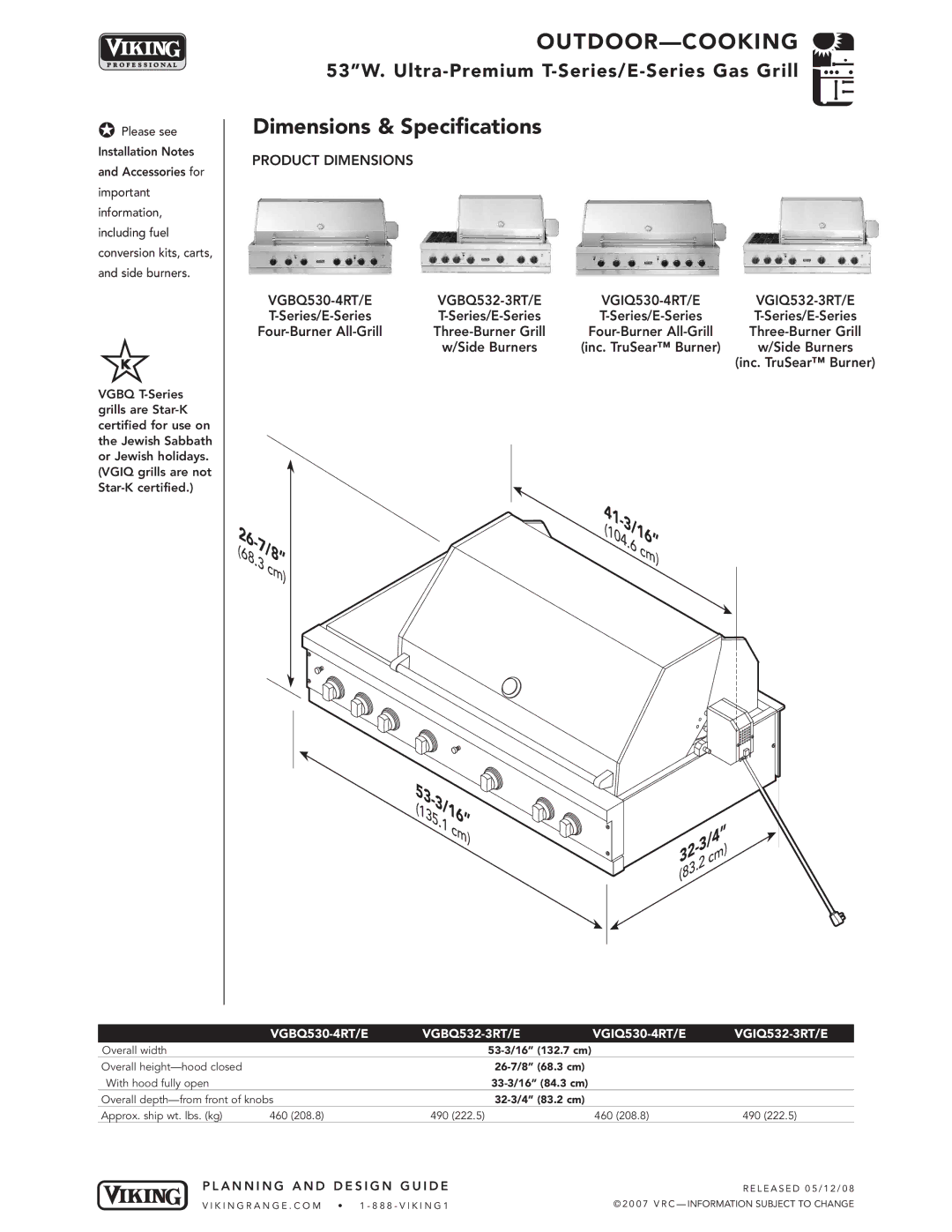 Viking T-Series, E-Series manual Dimensions & Specifications, Product Dimensions 