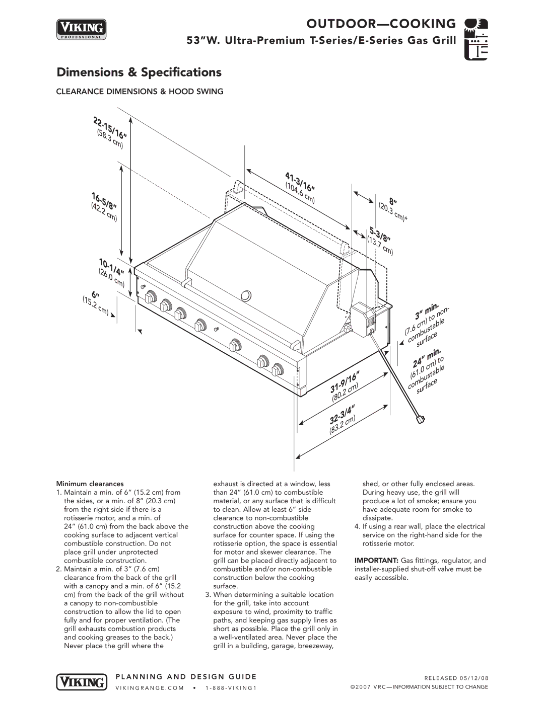 Viking E-Series, T-Series manual Clearance Dimensions & Hood Swing, Planning Design Guide 