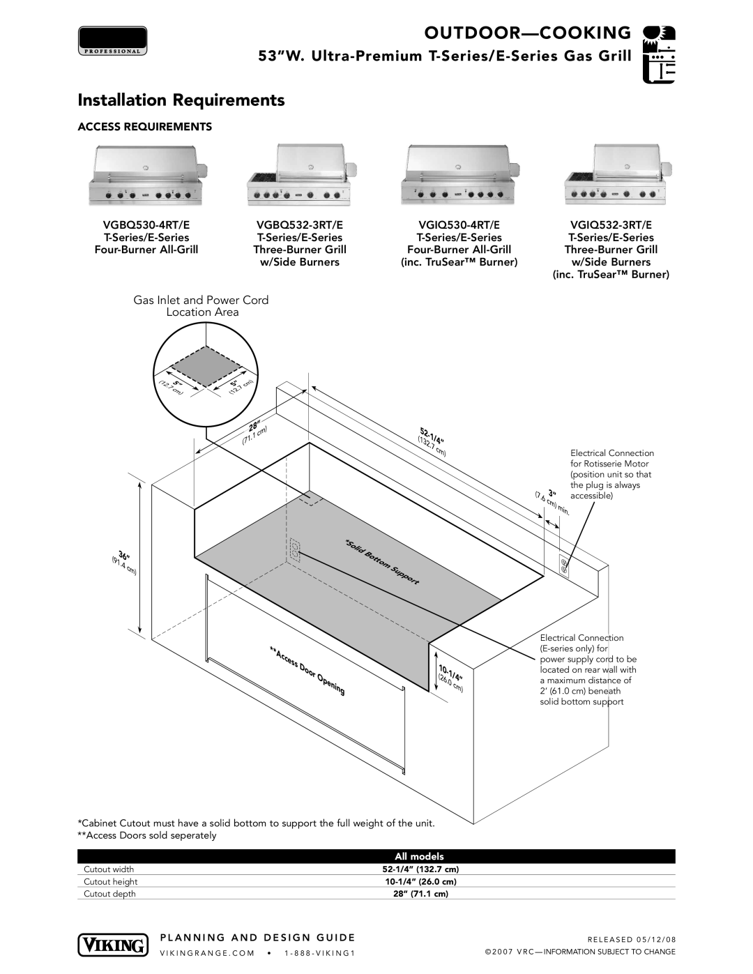 Viking T-Series, E-Series manual Installation Requirements, All models 