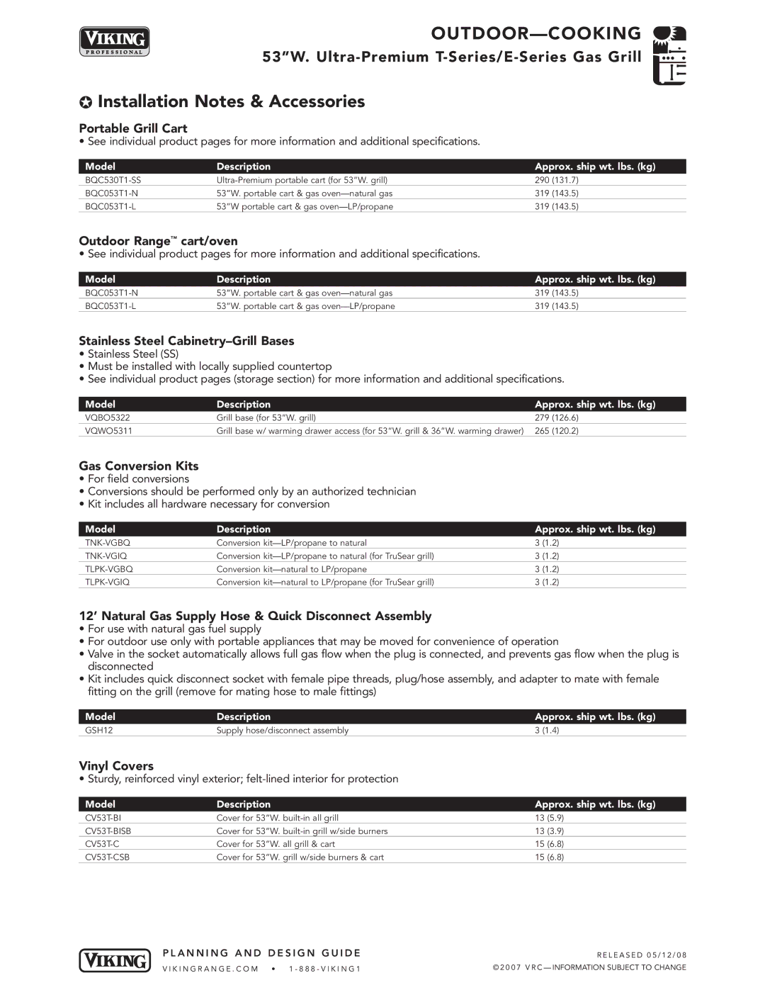 Viking T-Series, E-Series manual Installation Notes & Accessories 