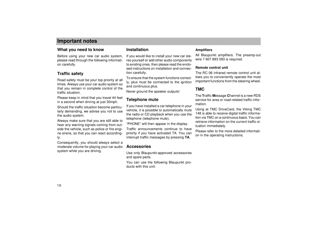 Viking TMC 148 operating instructions Important notes 