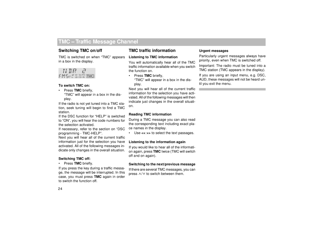 Viking TMC 148 operating instructions Switching TMC on/off, TMC traffic information 