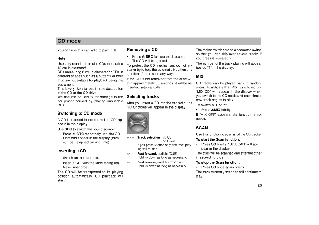 Viking TMC 148 operating instructions Switching to CD mode, Inserting a CD, Removing a CD, Selecting tracks 