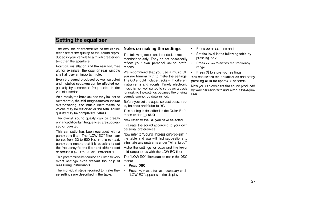 Viking TMC 148 operating instructions Setting the equaliser 