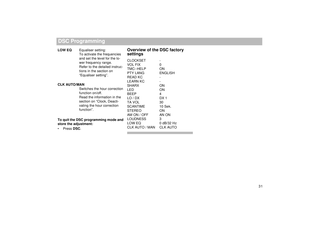 Viking TMC 148 operating instructions Overview of the DSC factory settings, Clk Auto/Man 