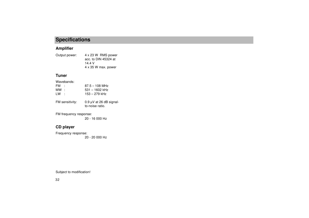 Viking TMC 148 operating instructions Specifications, Amplifier, Tuner, CD player 