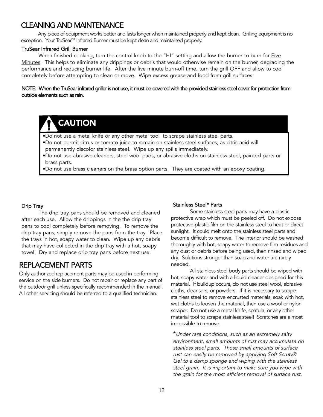 Viking TruSearTM manual Cleaning and Maintenance, Replacement Parts 