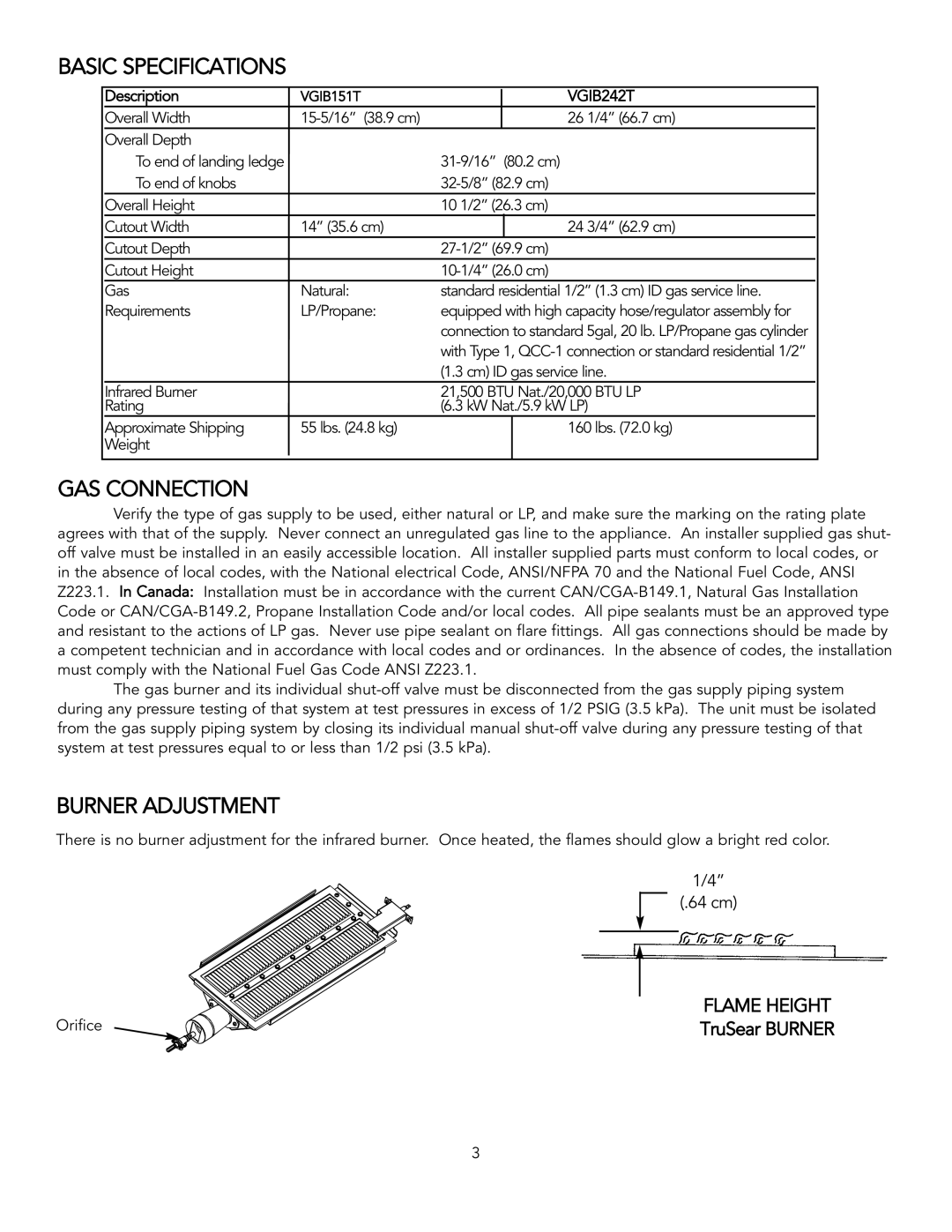 Viking TruSearTM manual Basic Specifications, GAS Connection, Burner Adjustment 