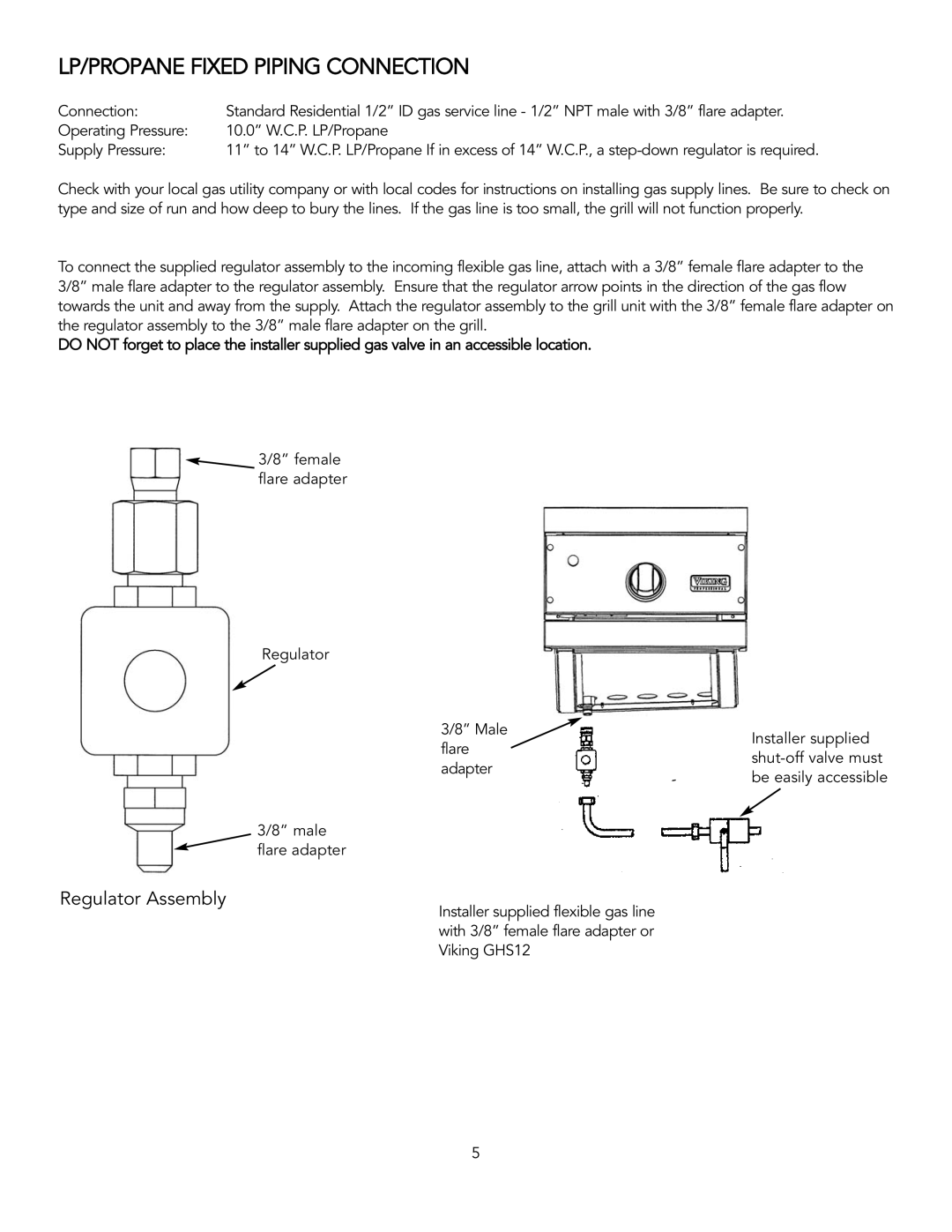 Viking TruSearTM manual LP/PROPANE Fixed Piping Connection 