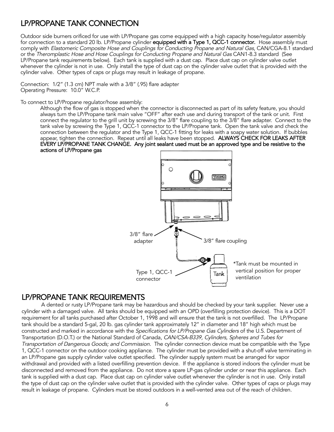 Viking TruSearTM manual LP/PROPANE Tank Connection, LP/PROPANE Tank Requirements 