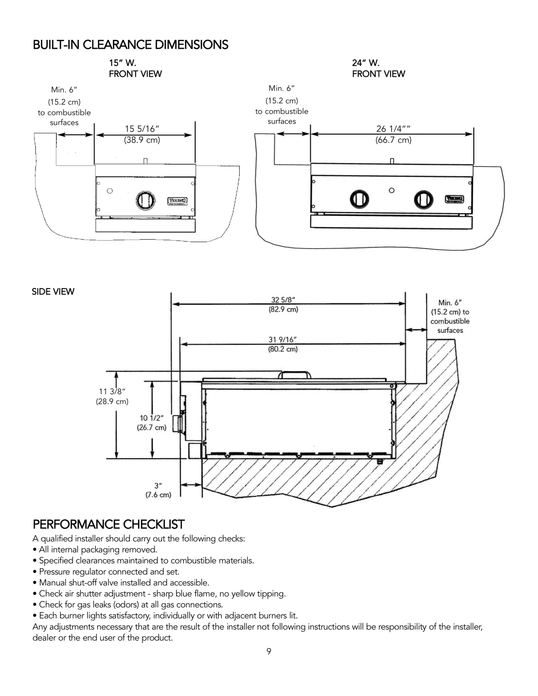 Viking TruSearTM manual BUILT-IN Clearance Dimensions, Performance Checklist 