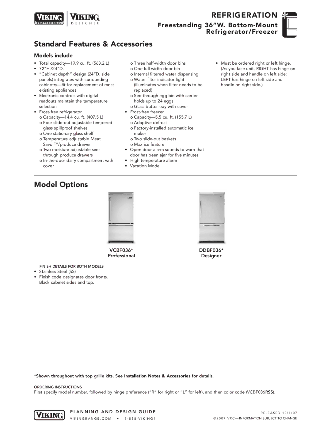 Viking DDBF036*, VCBF036* manual Standard Features & Accessories, Model Options, Models include, VCBF036 DDBF036 