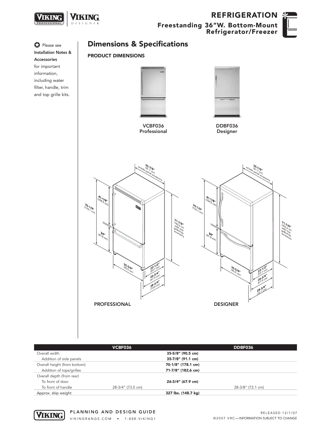 Viking VCBF036*, DDBF036* manual Dimensions & Specifications, Product Dimensions, ProfessionalDesigner 