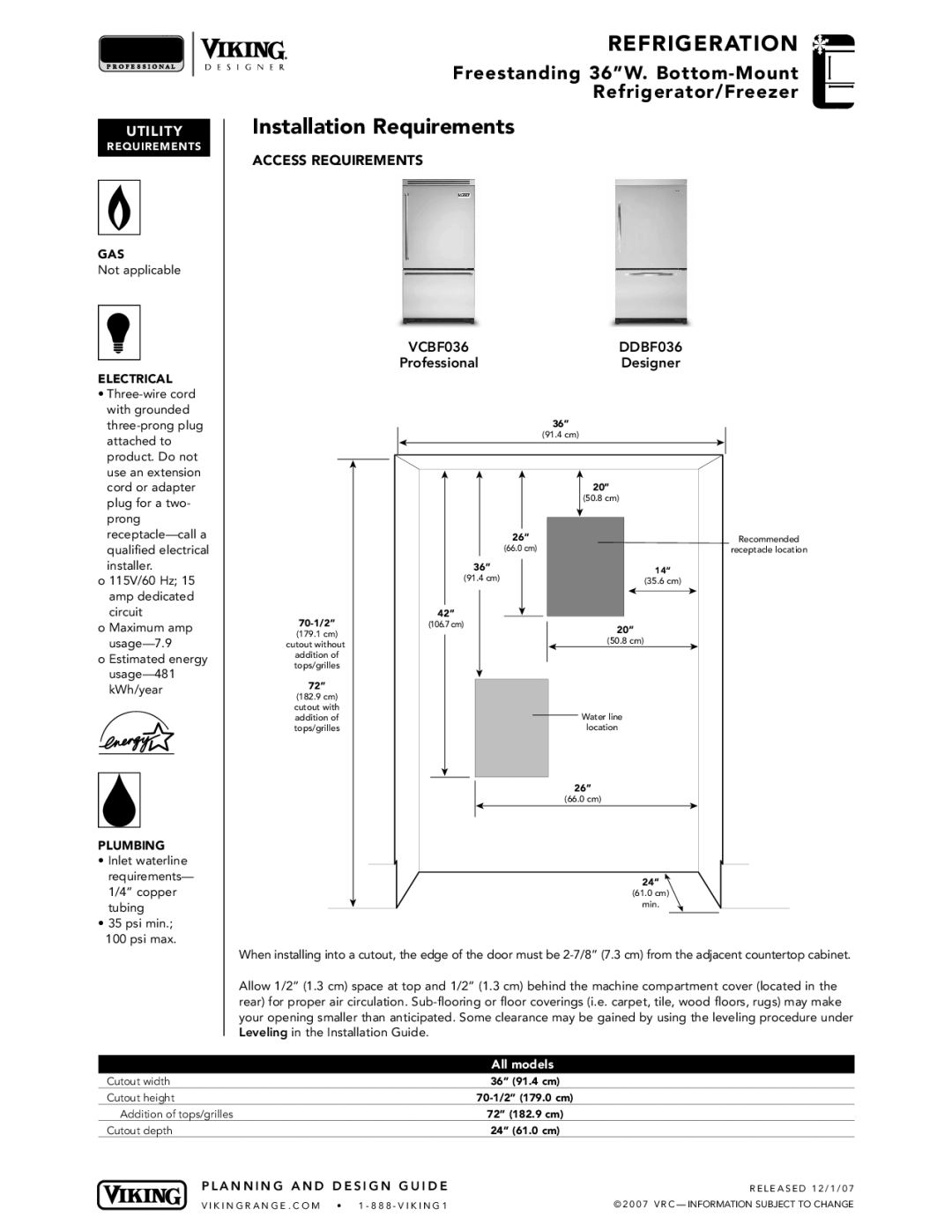 Viking VCBF036*, DDBF036* manual Installation Requirements, Access Requirements, All models 