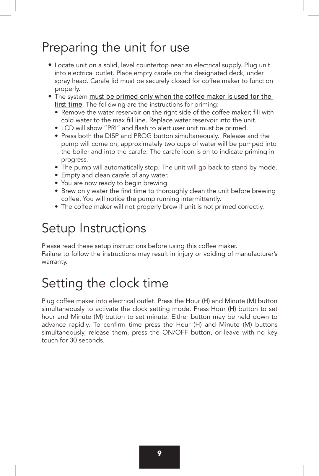 Viking VCCM12 manual Preparing the unit for use, Setup Instructions, Setting the clock time 