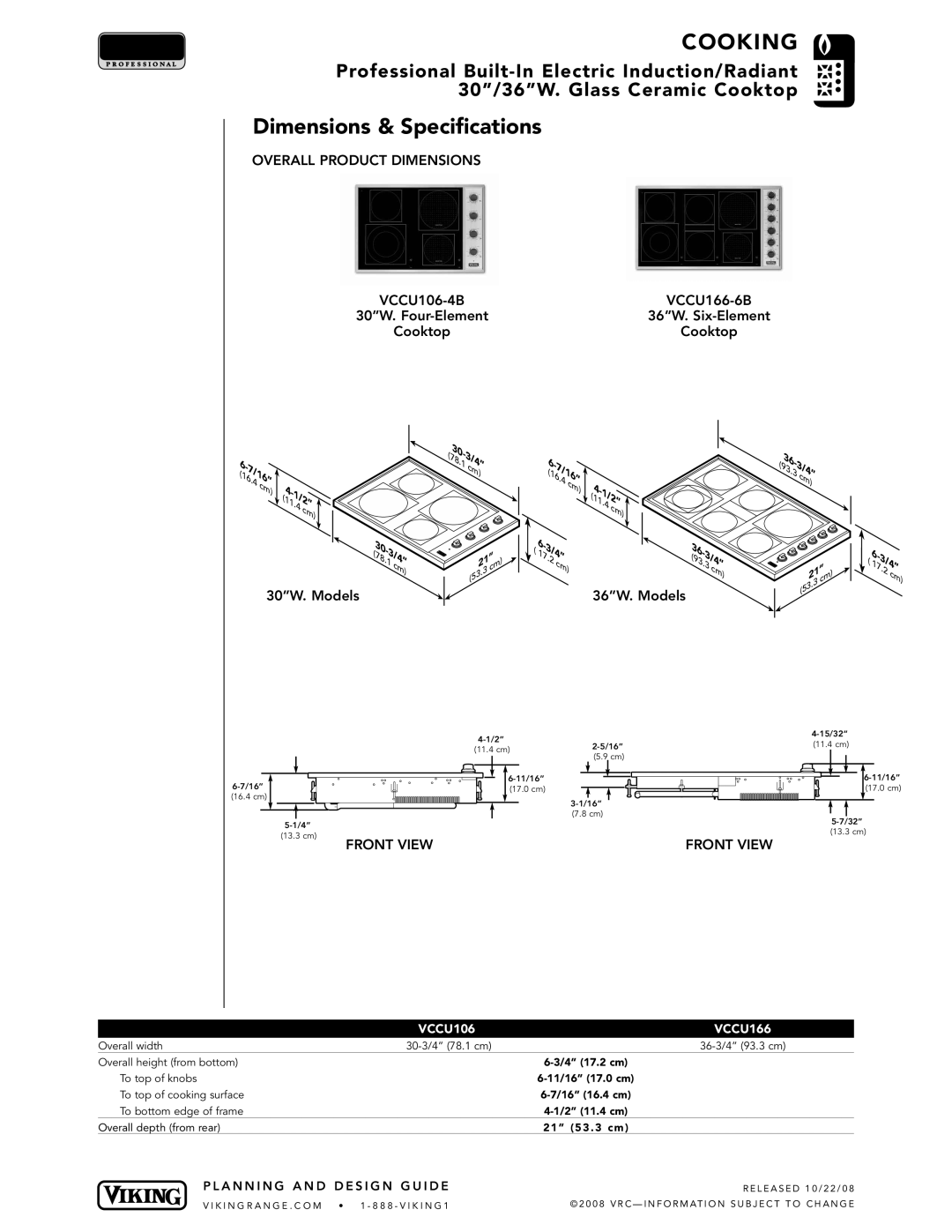 Viking VCCU166-6B, VCCU106-4B manual Dimensions & Specifications, Overall Product Dimensions, Front View 