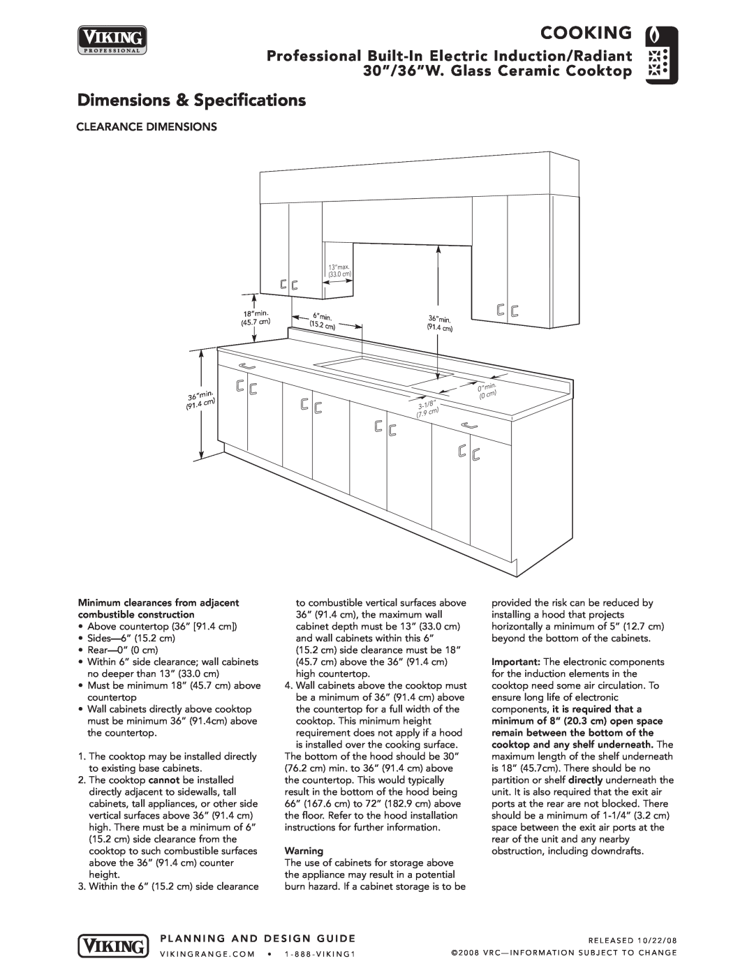 Viking VCCU106-4B, VCCU166-6B manual Cooking, Dimensions & Specifications, Clearance Dimensions 