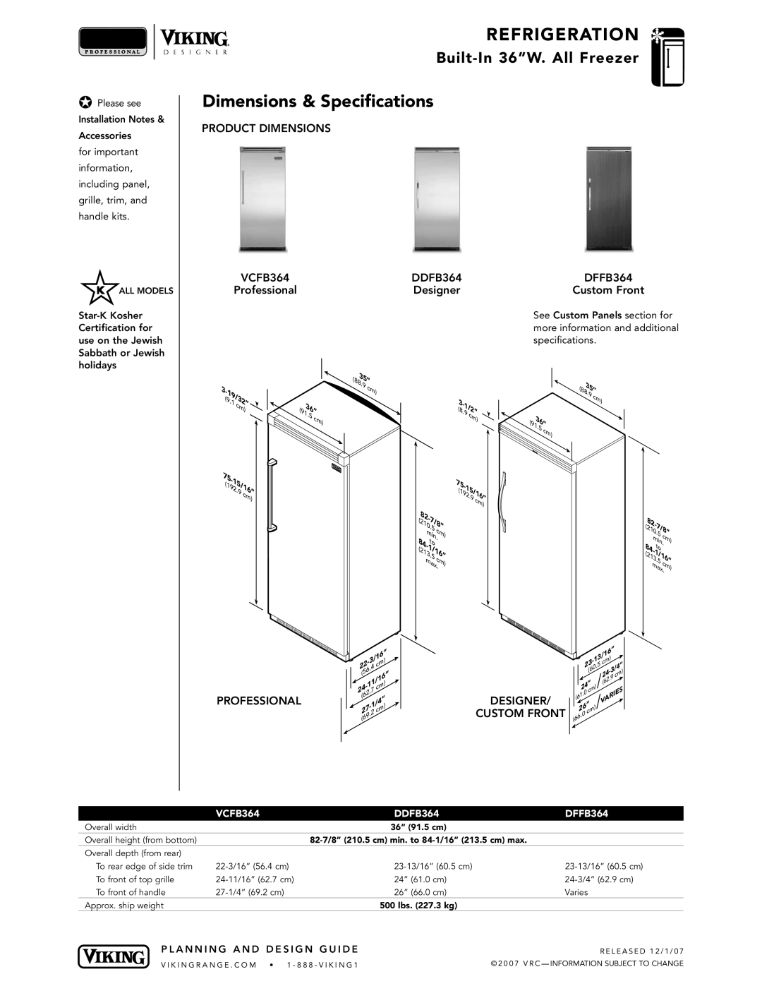 Viking Dimensions & Specifications, Product Dimensions VCFB364 DDFB364 DFFB364, Professional Designer Custom Front 