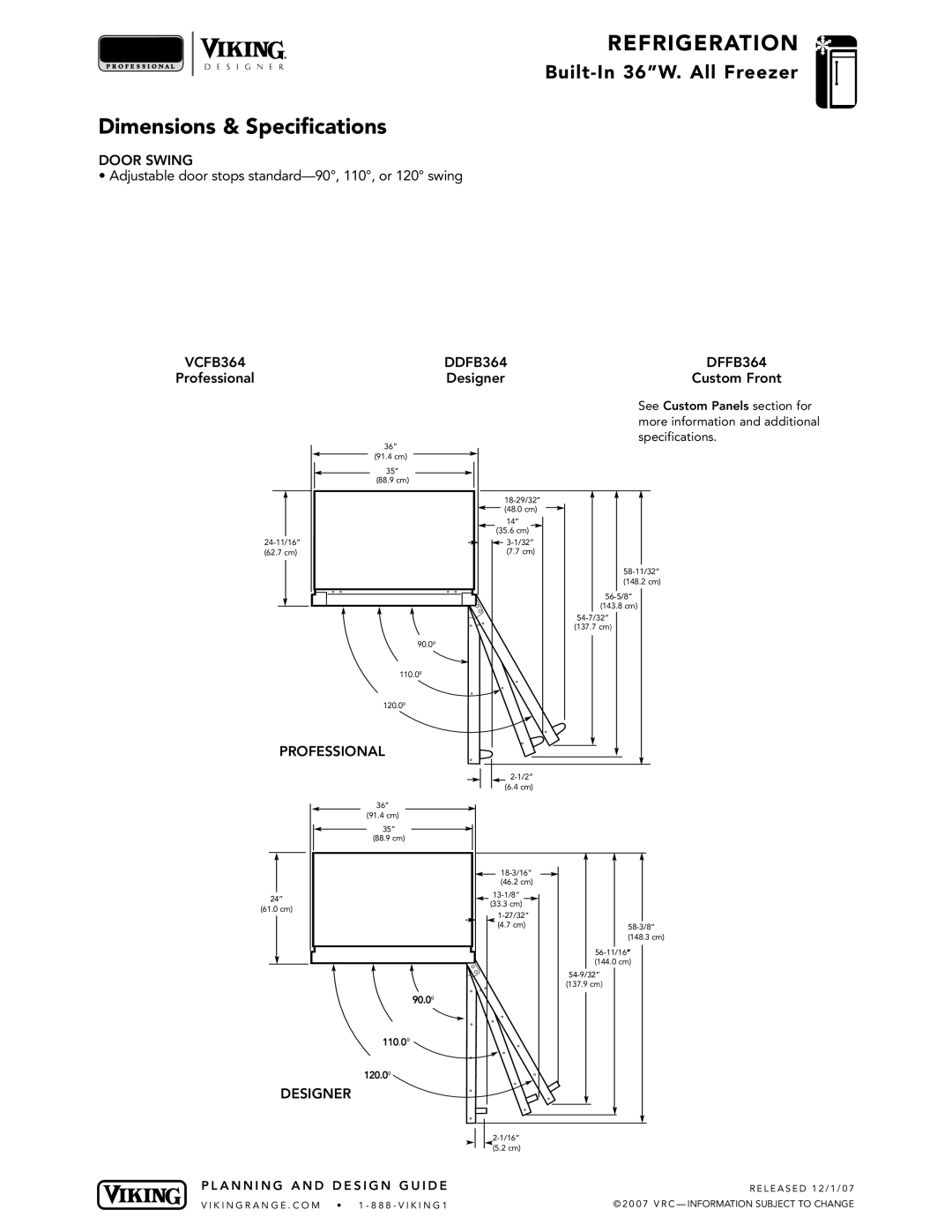 Viking DDFB364, VCFB364 specifications Door Swing, Professional 