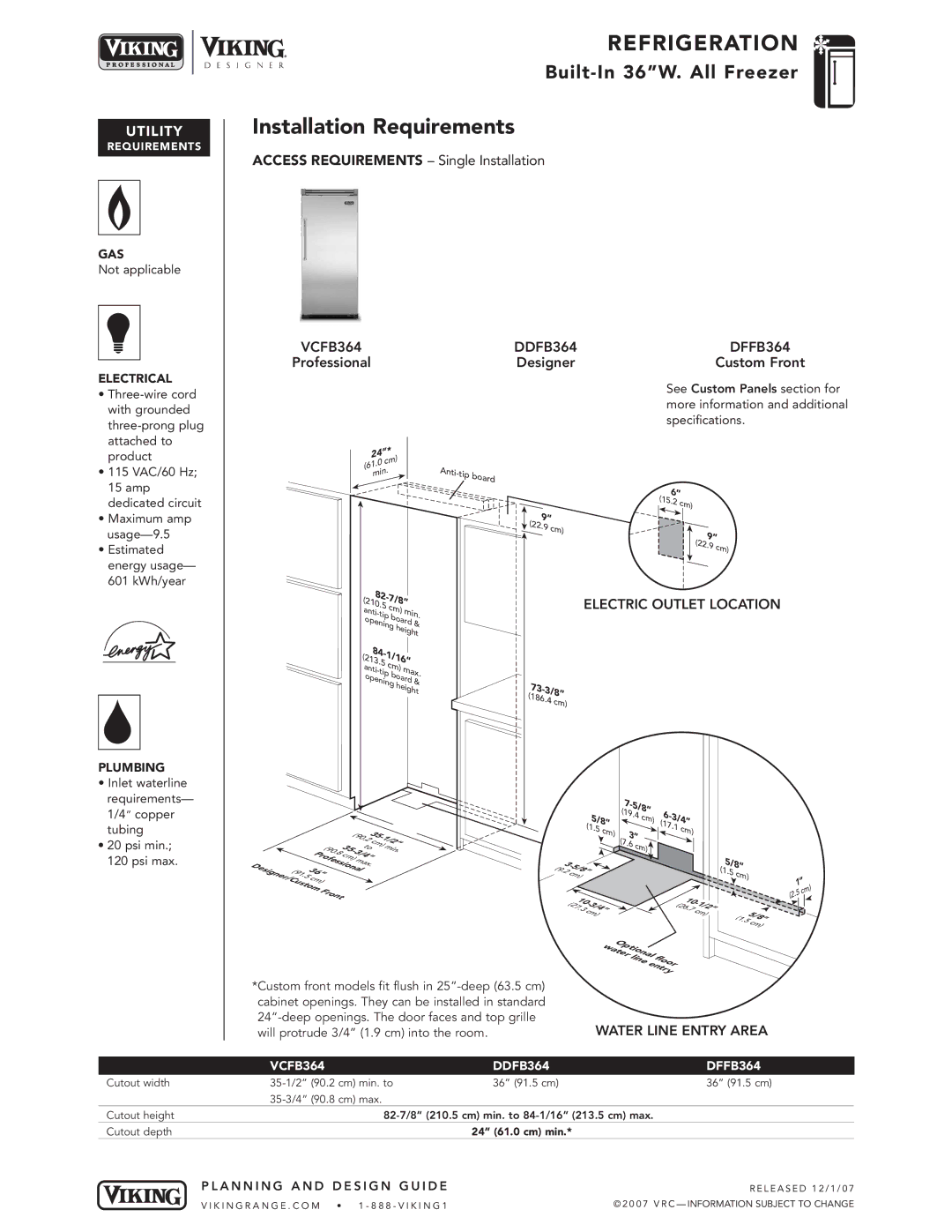 Viking VCFB364, DDFB364 specifications Installation Requirements, Water Line Entry Area 