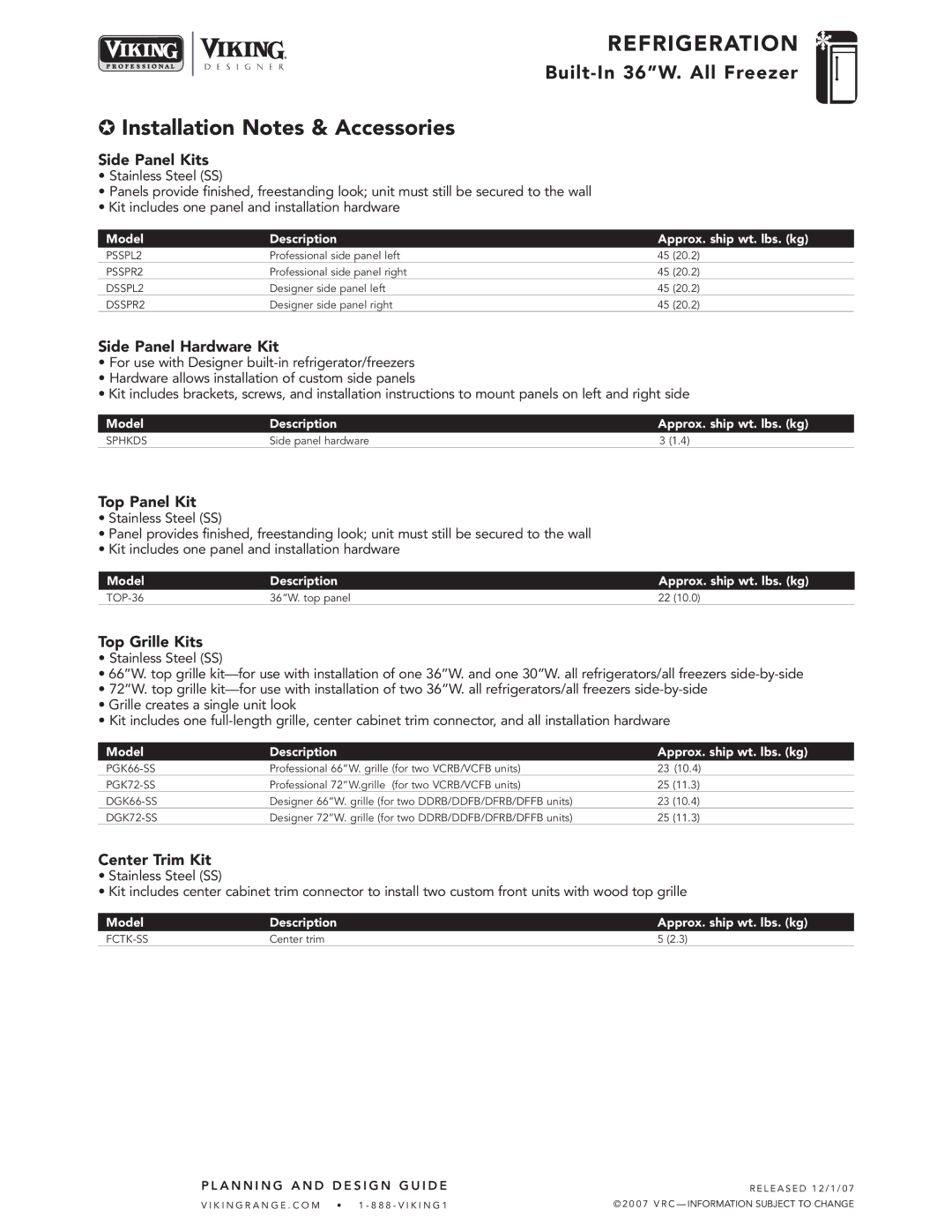 Viking VCFB364, DDFB364 specifications Installation Notes & Accessories 