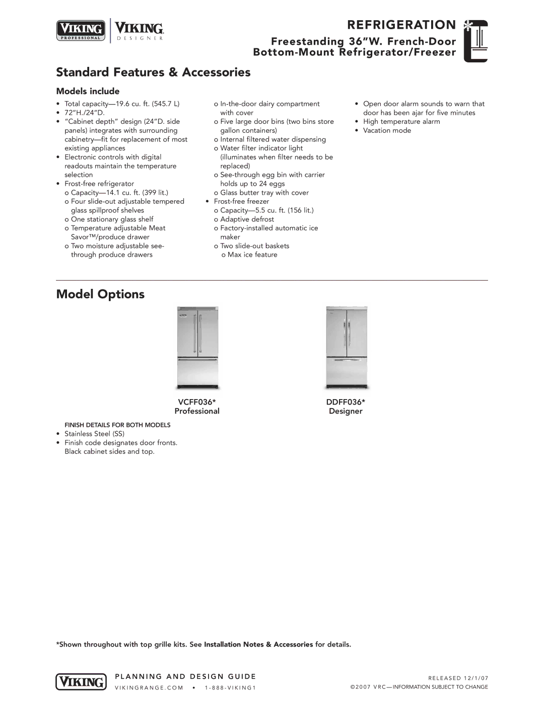 Viking DDFF, VCFF, BMFD manual Standard Features & Accessories, Model Options, Models include 