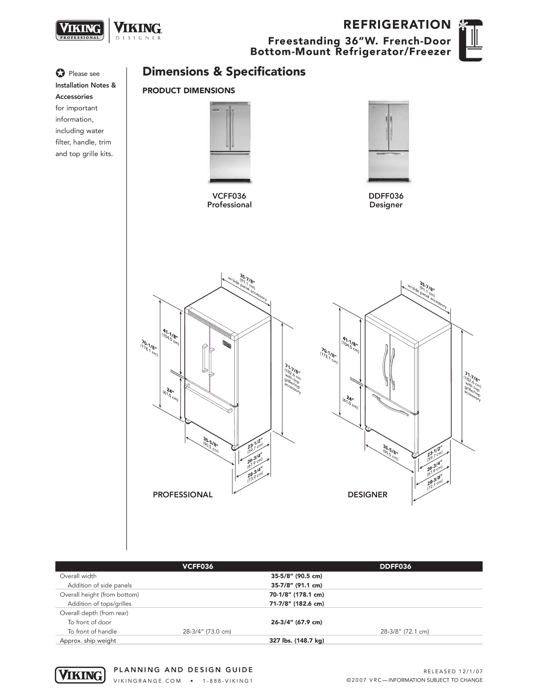 Viking BMFD, VCFF, DDFF manual Dimensions & Specifications, Product Dimensions 