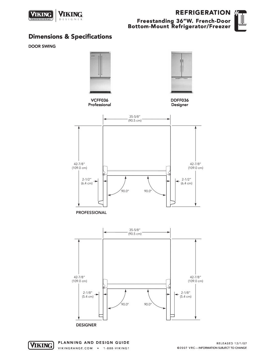 Viking VCFF Refrigeration, Dimensions & Specifications, Freestanding 36”W. French-Door Bottom-Mount Refrigerator/Freezer 