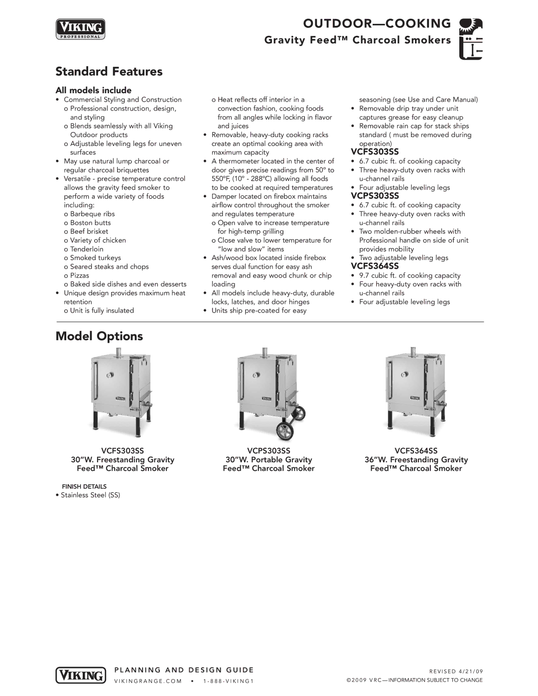 Viking manual Standard Features, Model Options, VCFS303SS VCPS303SS VCFS364SS 