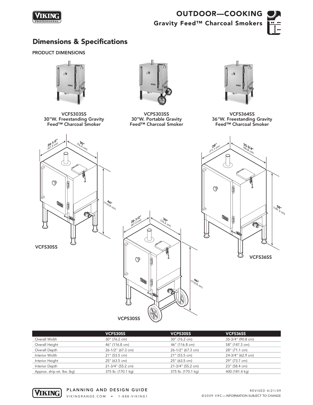 Viking manual Dimensions & Specifications, Product Dimensions VCFS303SS VCPS303SS VCFS364SS, VCFS30SS VCFS36SS VCPS30SS 