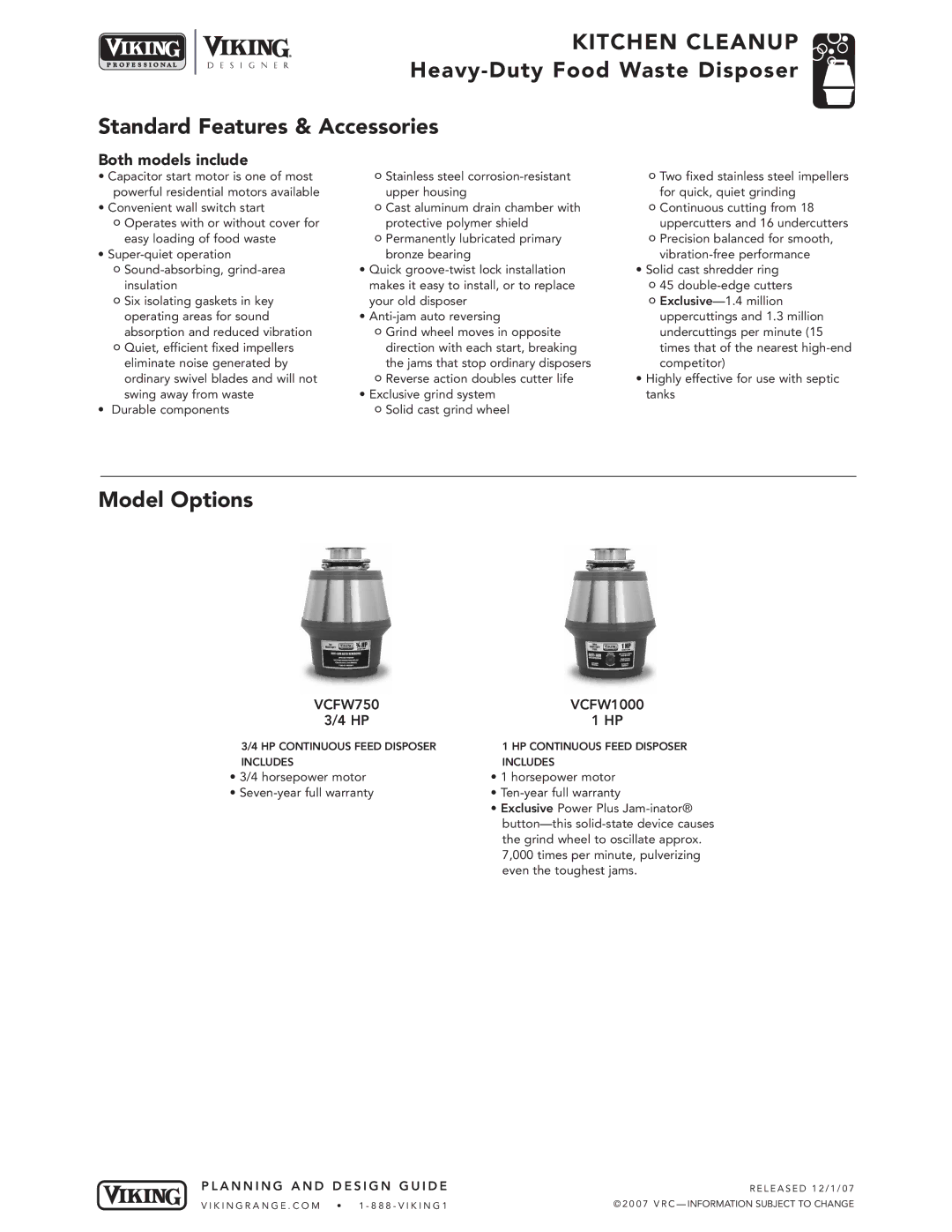 Viking VCFW750, VCFW1000 warranty Model Options, Both models include 