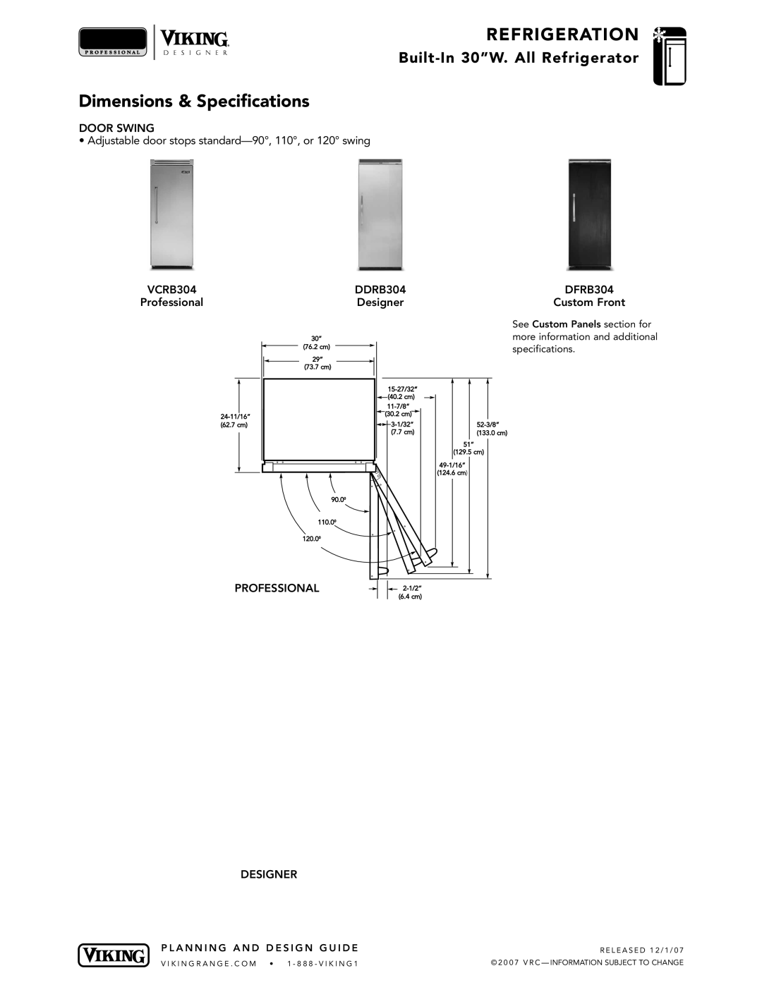 Viking VCRB304 specifications Door Swing, DDRB304 DFRB304 