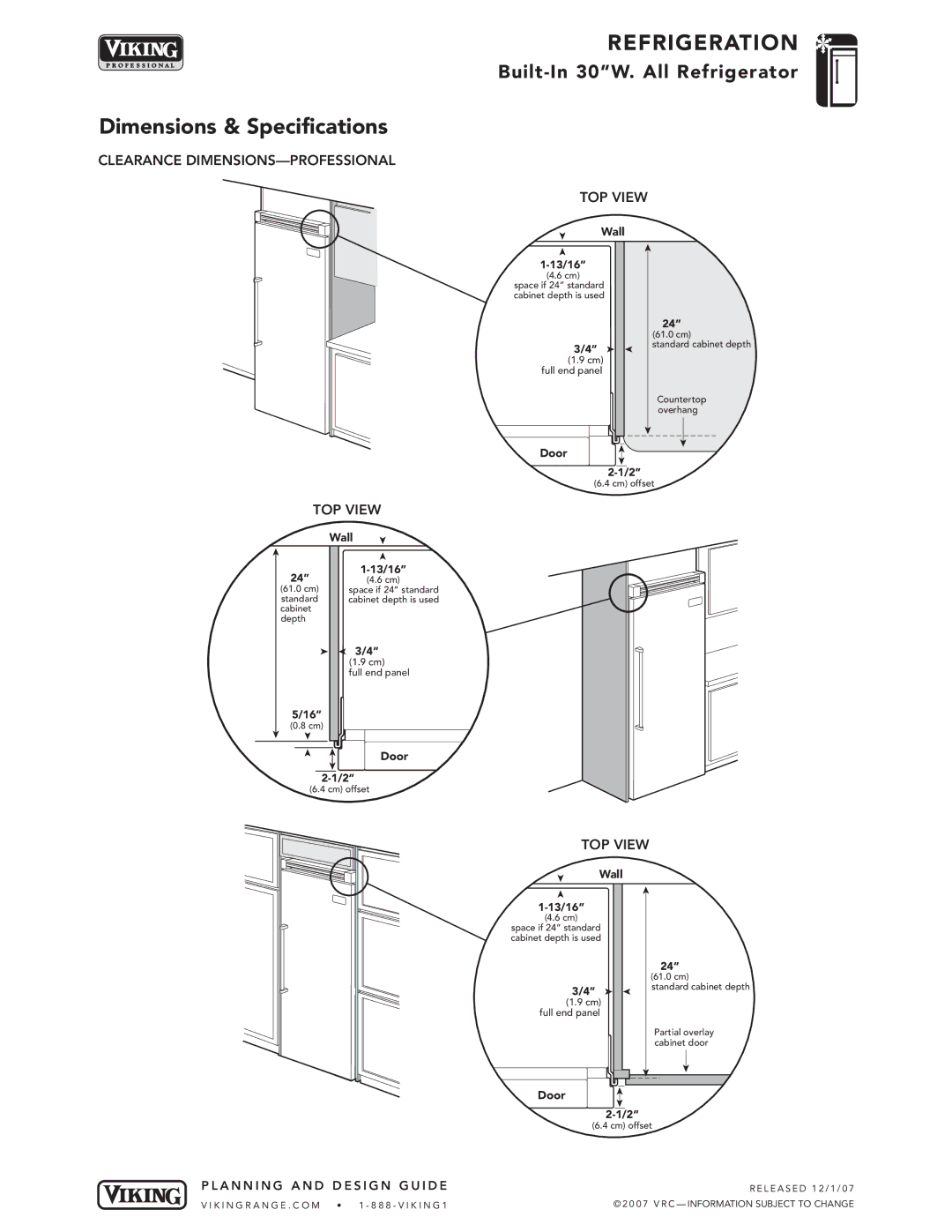 Viking DFRB304, VCRB304, DDRB304 specifications Clearance DIMENSIONS-PROFESSIONAL, TOP View 