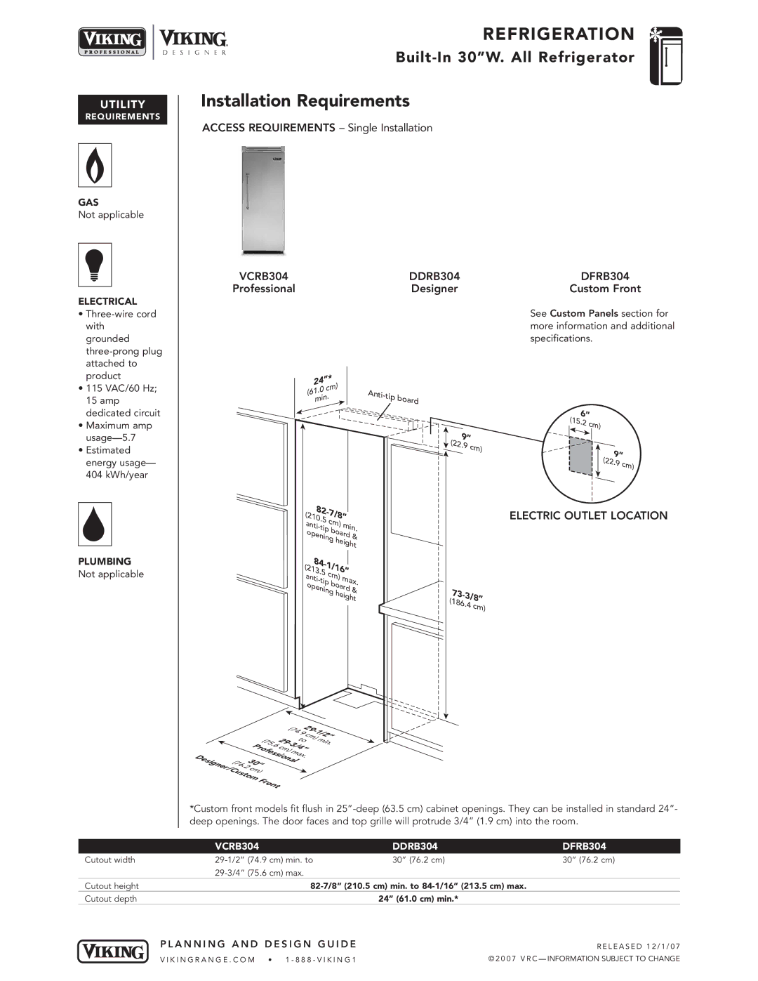 Viking VCRB304, DFRB304, DDRB304 specifications Installation Requirements, Electric Outlet Location 