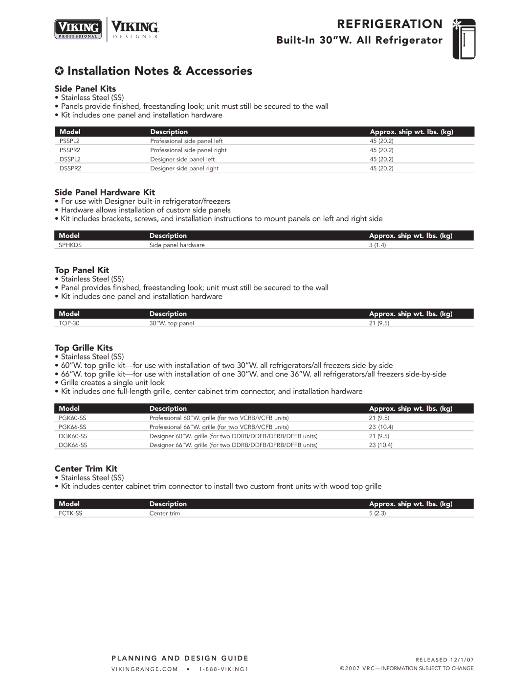 Viking DDRB304, VCRB304, DFRB304 specifications Installation Notes & Accessories 