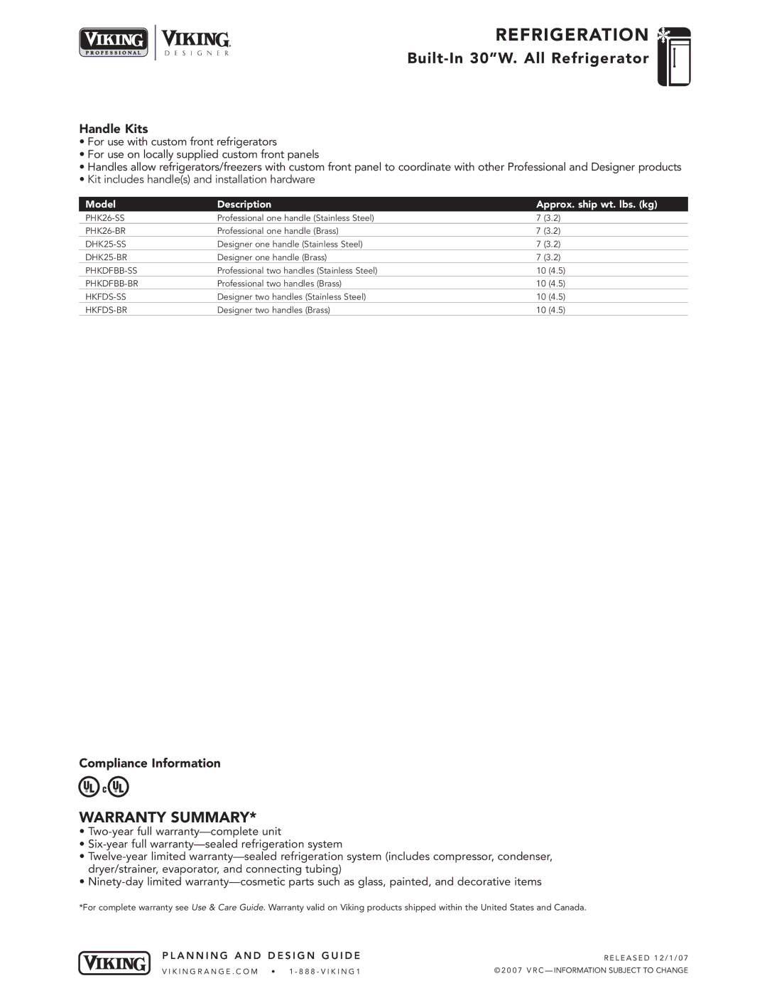 Viking VCRB304, DFRB304, DDRB304 specifications Handle Kits, Compliance Information 